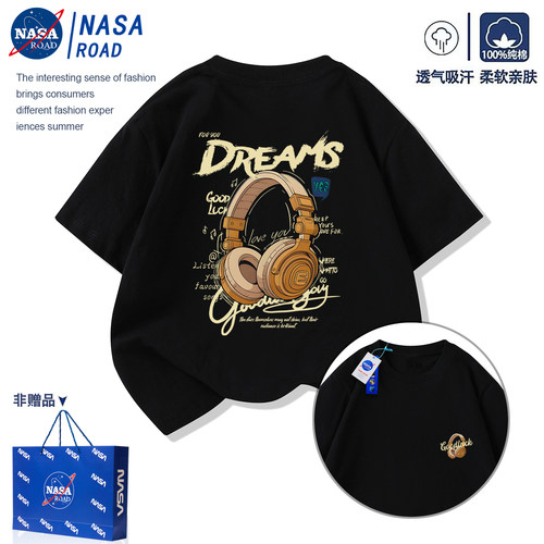 NASA男童黑色短袖T恤纯棉上衣