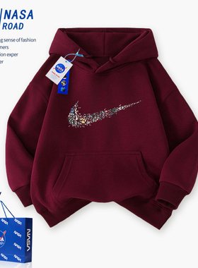 NASA男童红色加绒卫衣连帽2026新款潮青少年本命年儿童运动衫外套