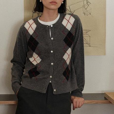谁桃子 精简衣橱 知识分子miu系通勤菱格羊毛针织开衫女秋冬上衣图片