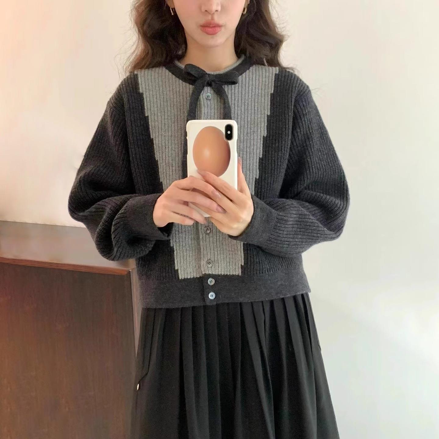 egg女装秋冬新款韩系羊毛系带蝴蝶结毛衣外套针织开衫小个子外穿图片