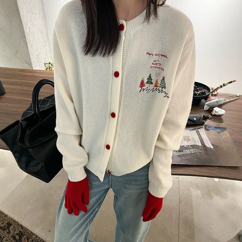圣诞树刺绣羊毛针织开衫女欧洲站2024冬装新款欧货女装毛衣外套潮图片