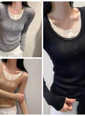 秀秀 OOTD穿搭 高端通勤拼接长袖黑色羊绒衫女修身型常规薄款潮流