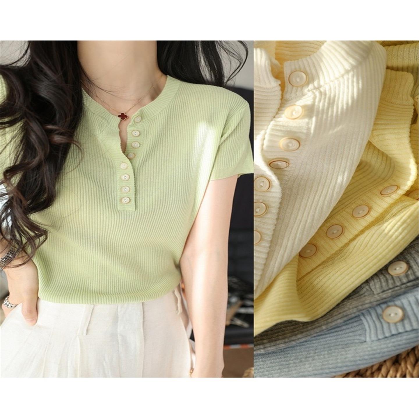 亚麻莱赛尔~清爽透气单排扣半开襟坑条显瘦套头针织上衣T恤女夏新