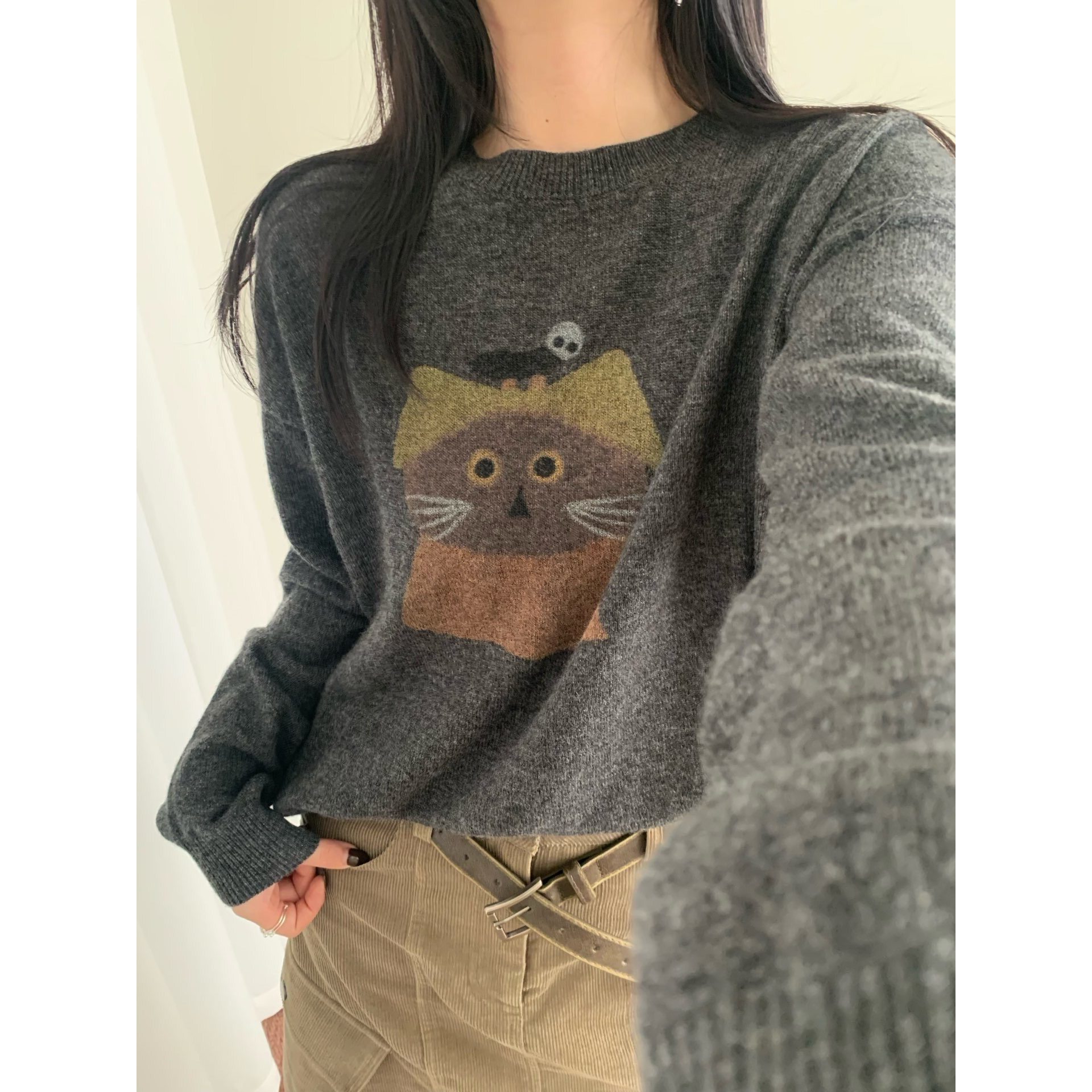 新款 韩系趣味猫咪图案浣熊绒针织衫女 圆领宽松显瘦休闲套头毛衣