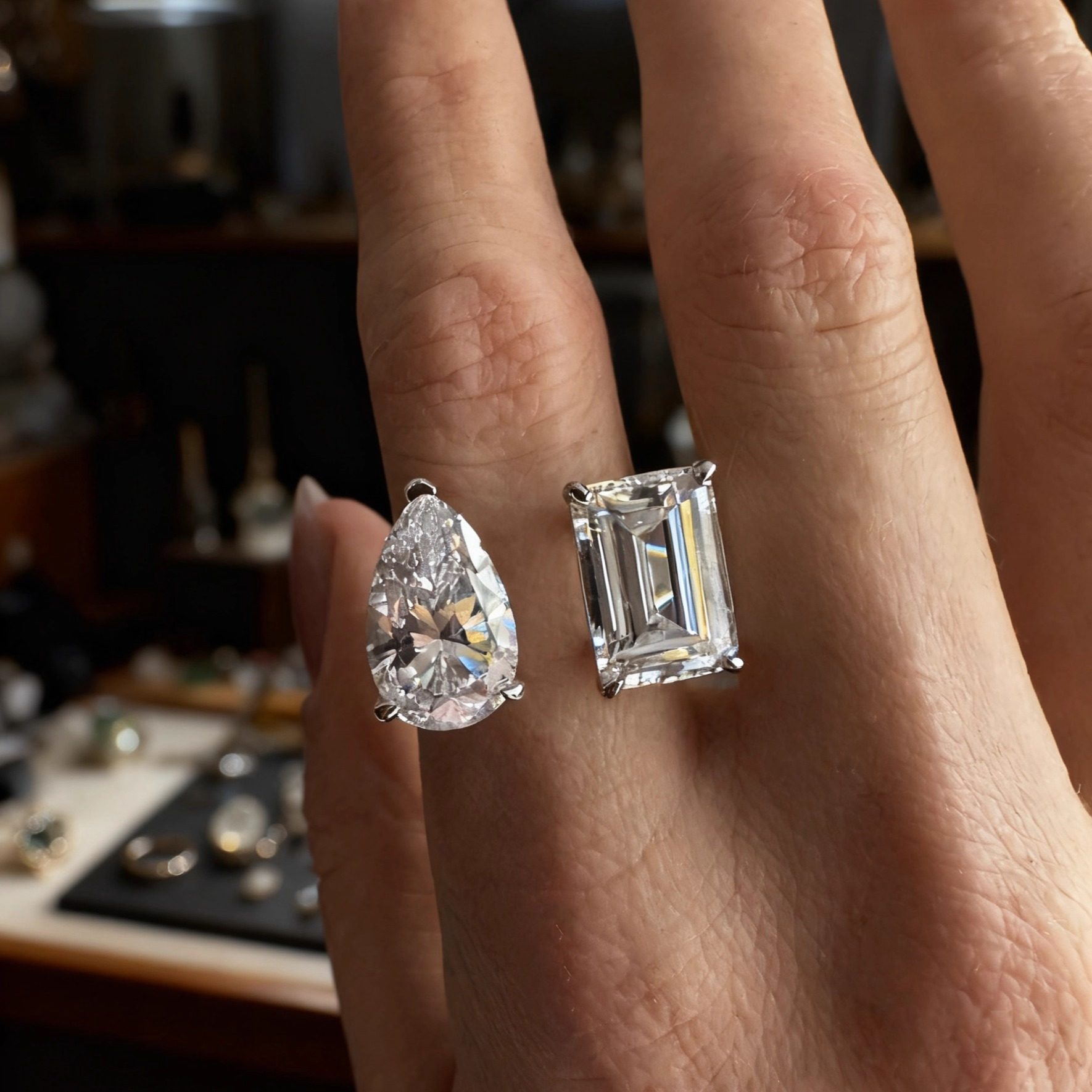 S925银水滴方糖双石戒指