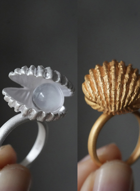 SHAW独特小众S925银立体复古滚动水晶珍珠盒子贝壳戒指度假沙滩