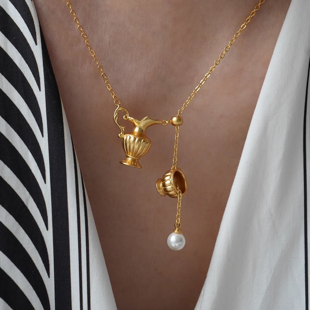 S925纯银女复古法式项链水壶杯子