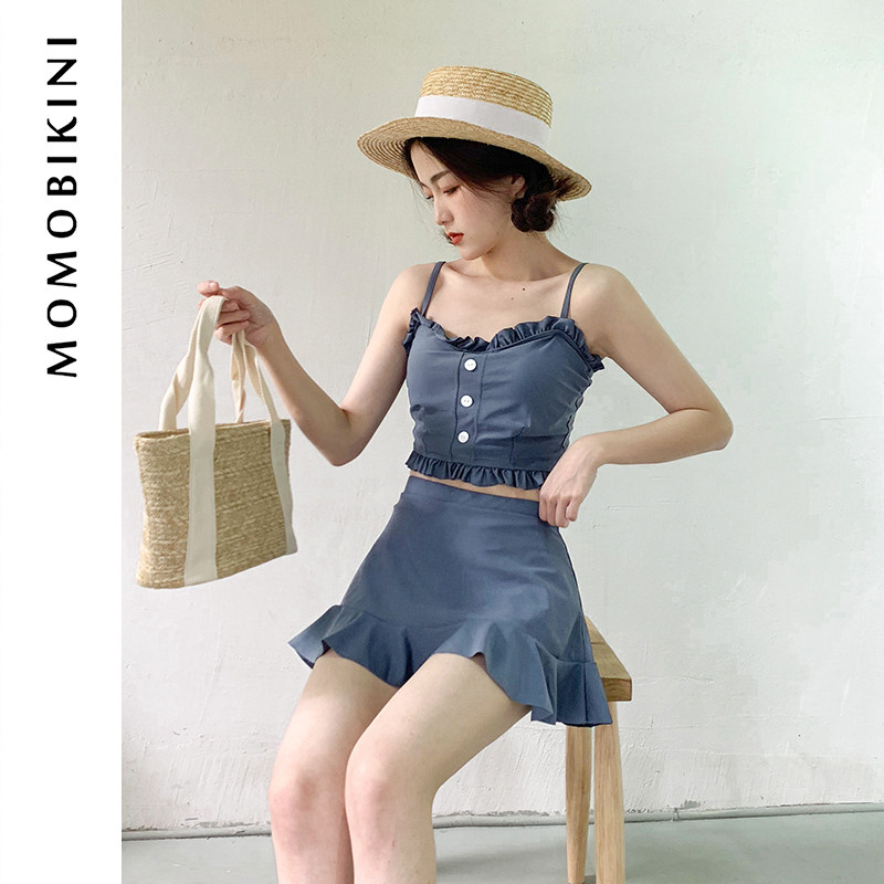 游泳衣女高级性感高腰分体小胸平角裙式比基尼三件套遮肚显瘦温泉