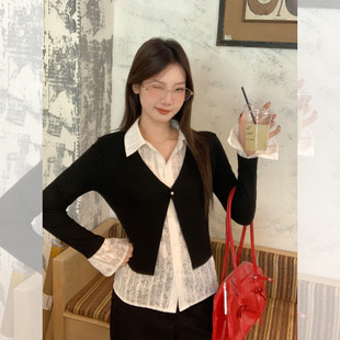 米澜时装 假两件长袖 韩版 拼接设计感独特 t恤女秋季 polo领衬衫