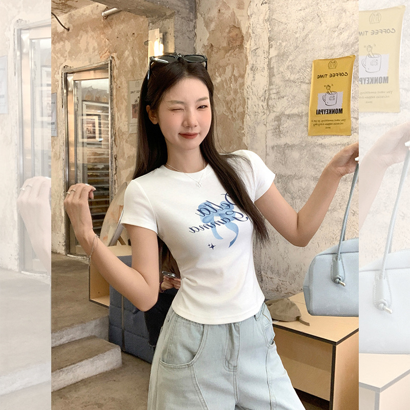 【米澜时装】白色字母印花圆领正肩短袖女T恤2025新款日常百搭设