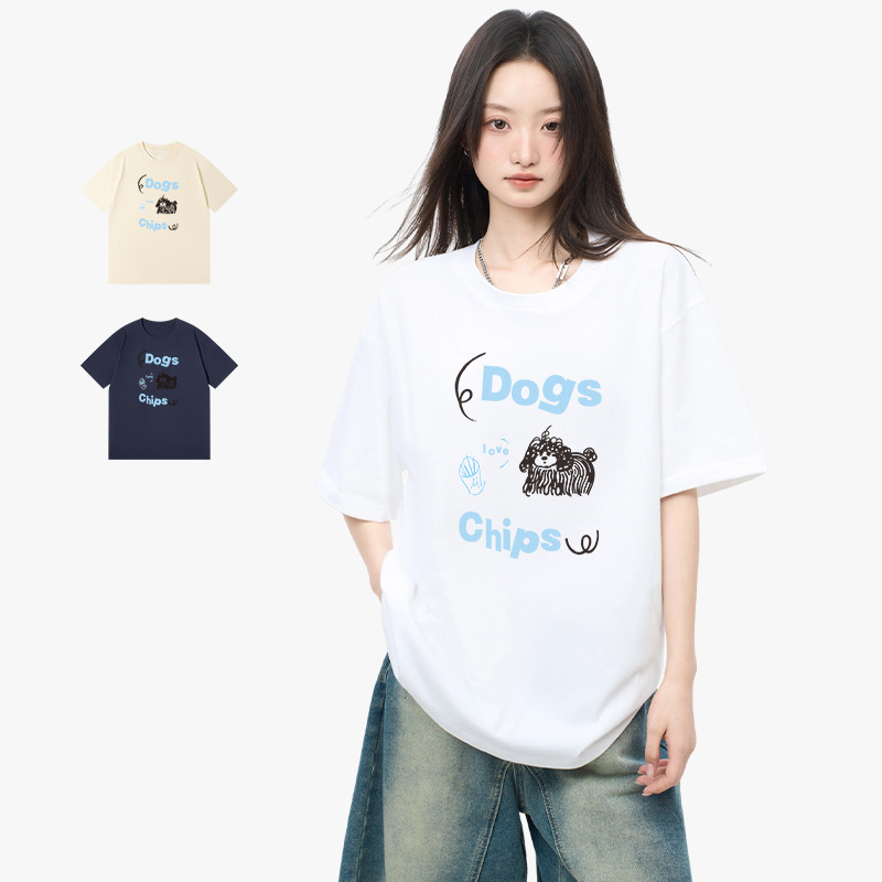 【米澜时装】小狗薯条印花短袖T恤潮流女装新款圆领宽松半袖纯棉