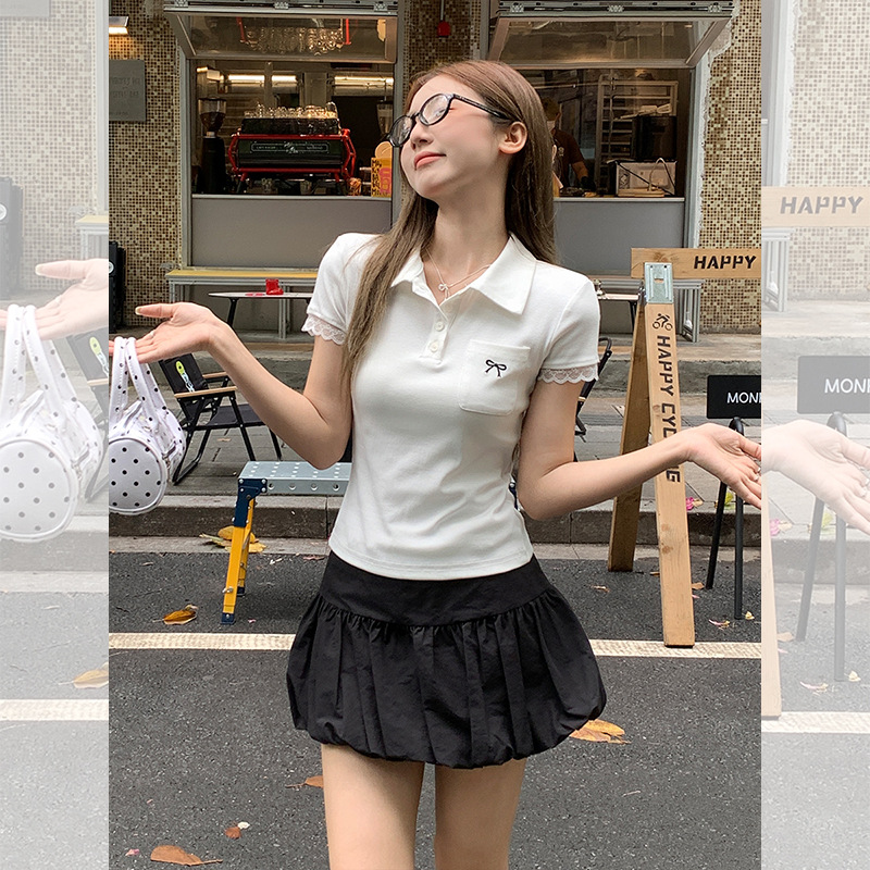 【米澜时装】白色polo领蕾丝拼接短袖t恤女2025夏季蝴蝶结设计感