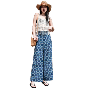 冰丝阔腿裤女2026新款夏小个子高腰垂感度假沙滩碎花九分薄款裤子