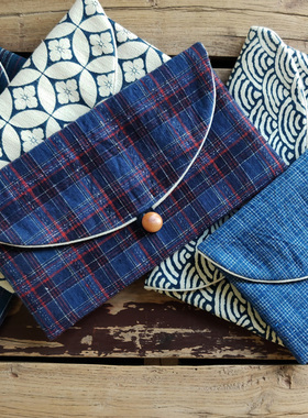 文手作 老布蓝染布信封包手拿包口罩收纳包钱包手机包夹棉万元包