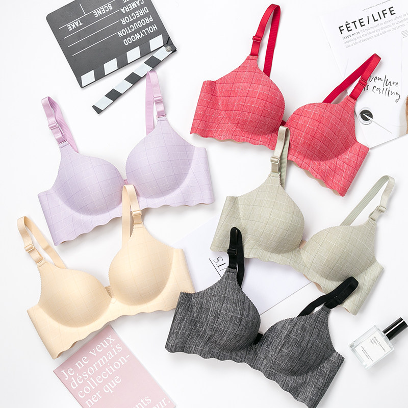 歌瑞尔内衣女小胸聚拢格纹无钢圈Bra厚薄款少女文胸罩AOB19149