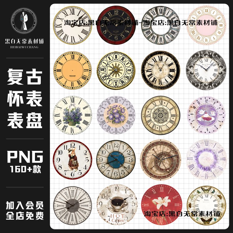 美式复古欧式实体风怀表罗马数字时钟表盘手账贴纸PNG美工素材图图片