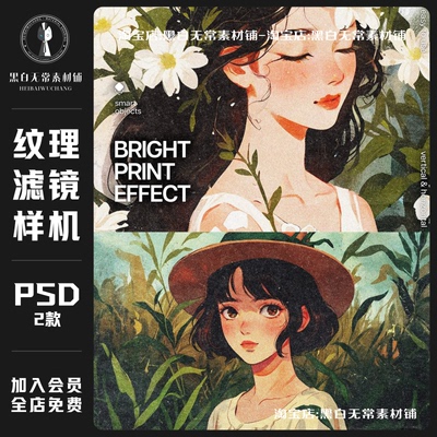 复古文艺半色调漫画噪点颗粒粗糙纹理人物写真滤镜PS样机模板素材
