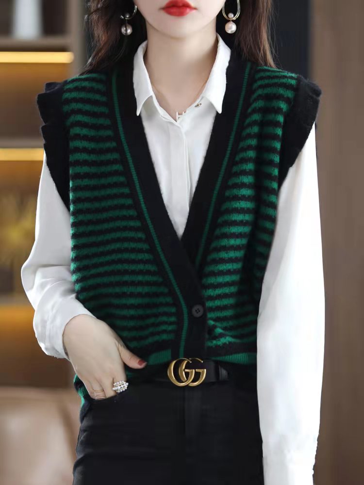 Overlay casual Camisole striped pure wool knitted vest for women loose with V-neck cashmere vest cardigan