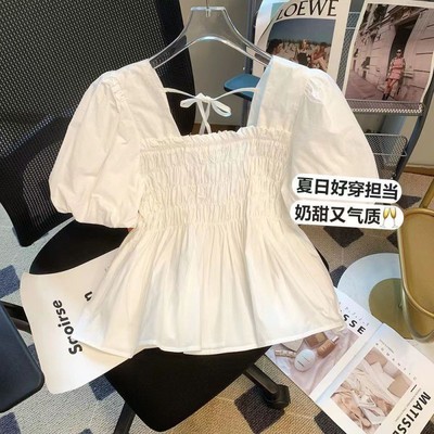 松紧上衣褶皱方领泡泡短袖衬衫女夏季小众小衫收腰遮肚子百搭上衣