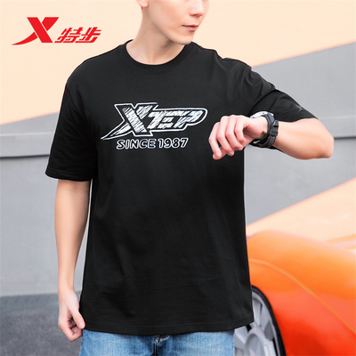 特步短袖t恤男夏季纯棉透气宽松黑色休闲上衣运动服男士半袖体恤