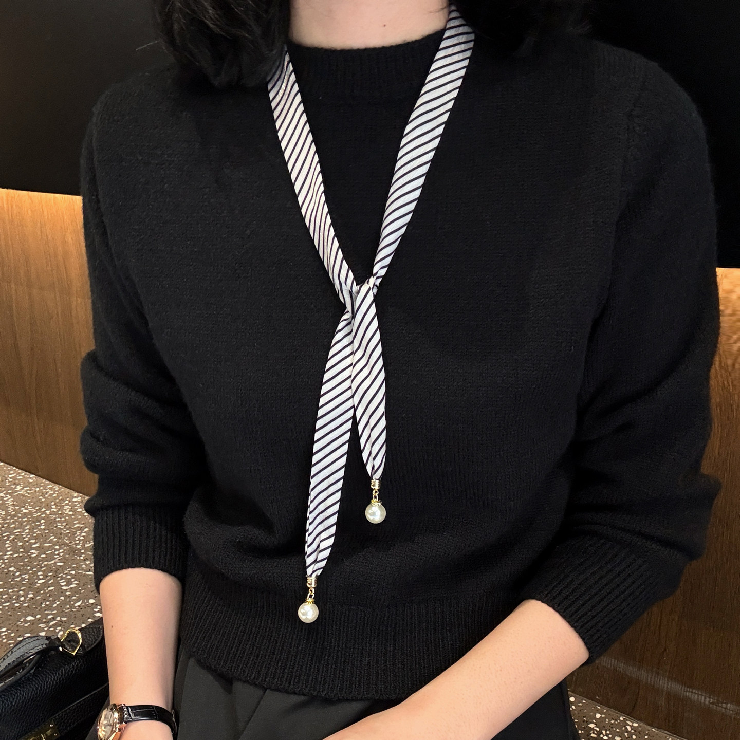 珍珠吊坠细窄长条丝巾女春秋百搭高级感装饰系脖领巾飘带发带绑带