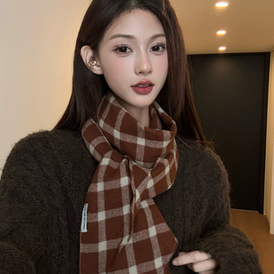 格子菱形小领巾女秋冬韩版百搭装饰仿羊绒围巾头巾薄款护颈小围脖