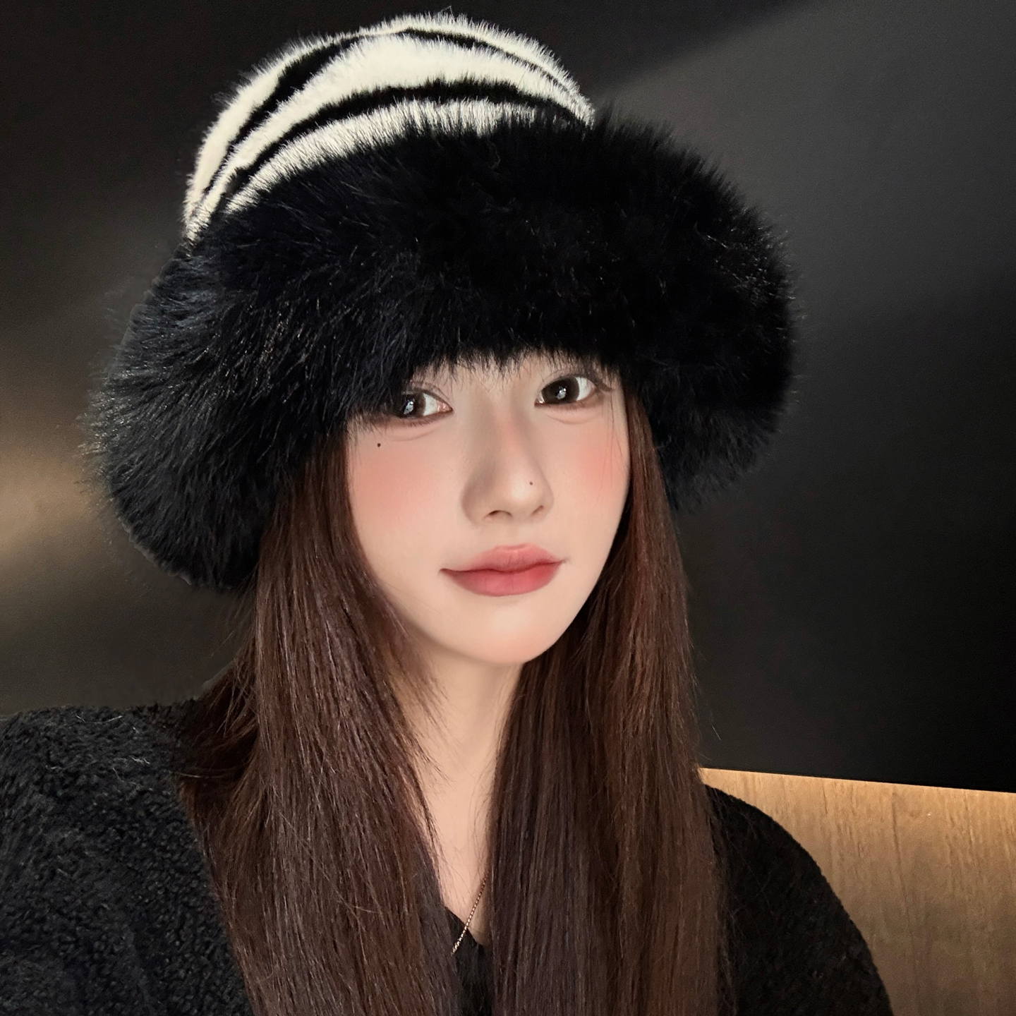 百搭黑白条纹毛绒加厚保暖蒙古帽