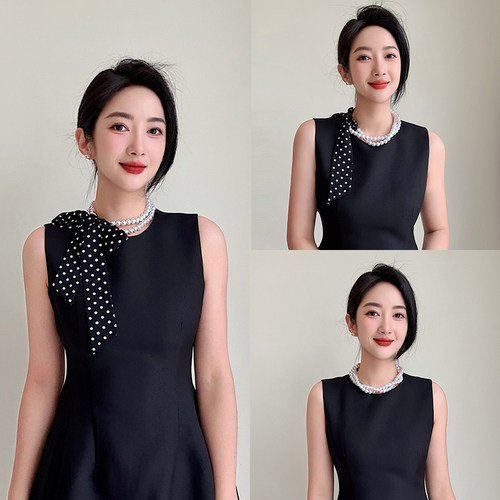 春夏珍珠项链长条小丝巾飘带百搭