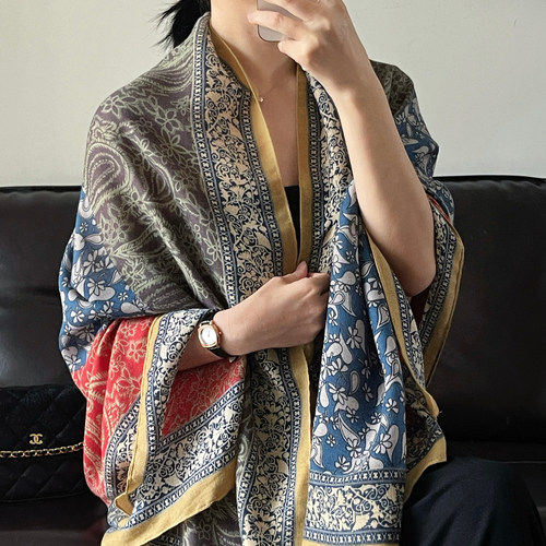 民族风腰果花棉麻手感围巾女春夏