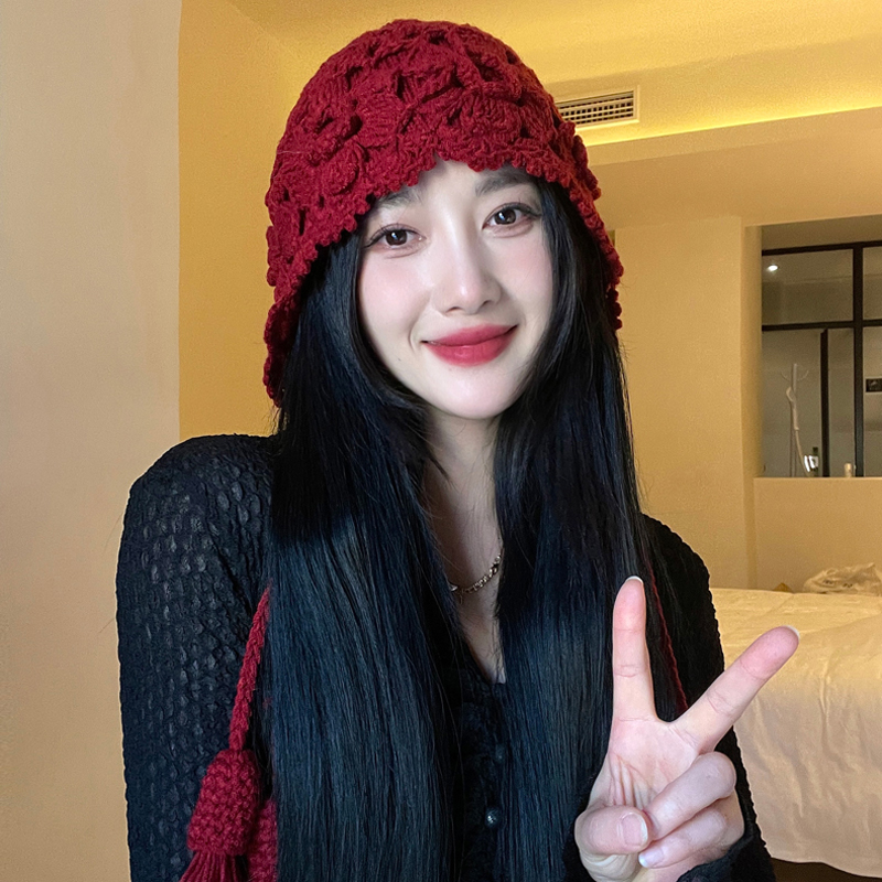 时尚手工编织镂空包头帽女士钩花民族风流苏护耳绑带套头珍珠帽子