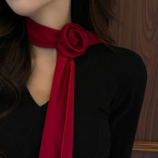 玫瑰花夹丝巾女春夏秋季新款减龄百搭时尚护颈优雅气质薄款小围巾