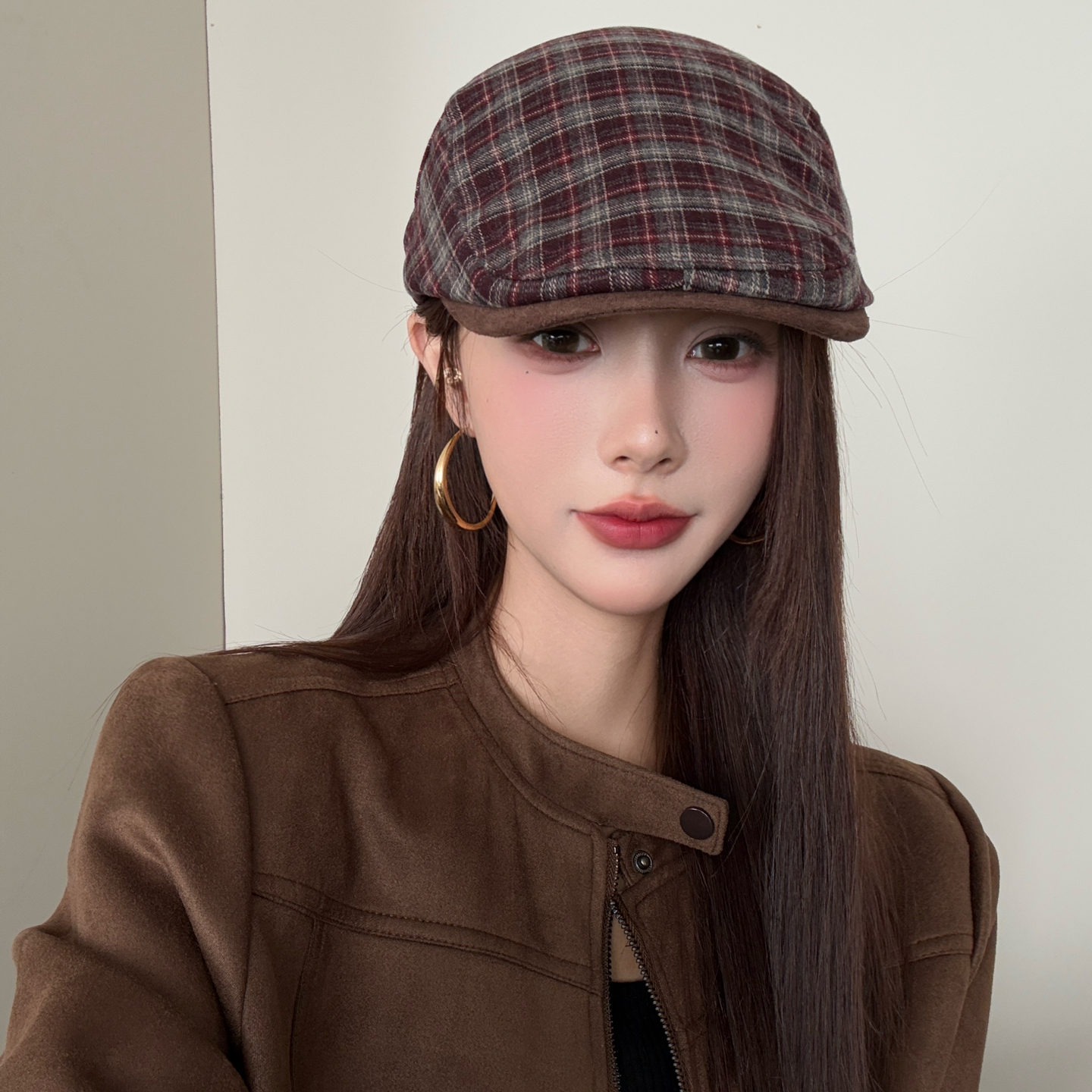 复古英伦格纹前进帽子女秋冬百搭