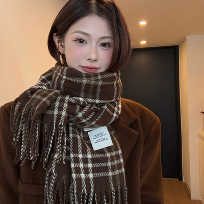 韩系复古咖色格子流苏围巾女秋冬