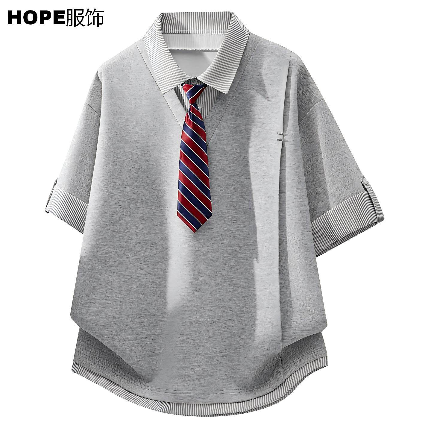 T恤男夏季短袖男带领带搭配假2件POLO短袖结构短袖潮流短袖男高克