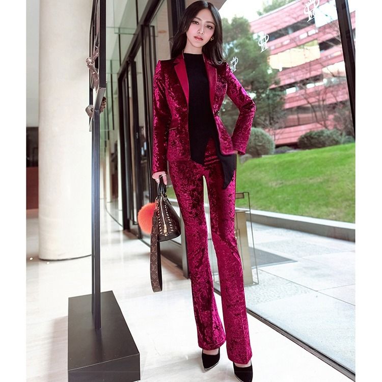 秋冬新款女裤套装韩版通勤气质修身显瘦金丝绒西装微喇叭裤两件套