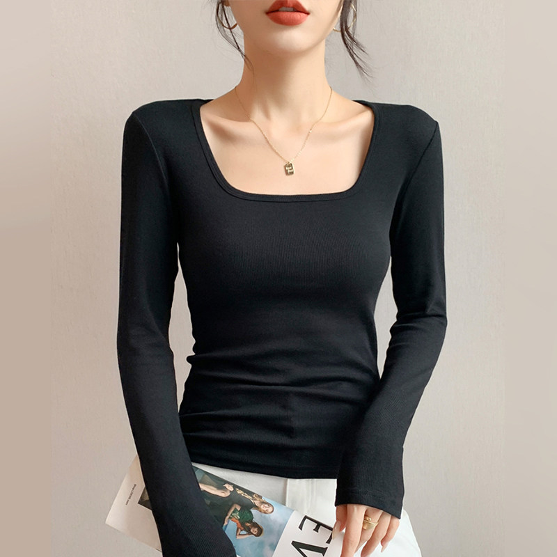 黑色方领长袖t恤女春秋季修身洋气体恤莫代尔上衣百搭内搭打底衫