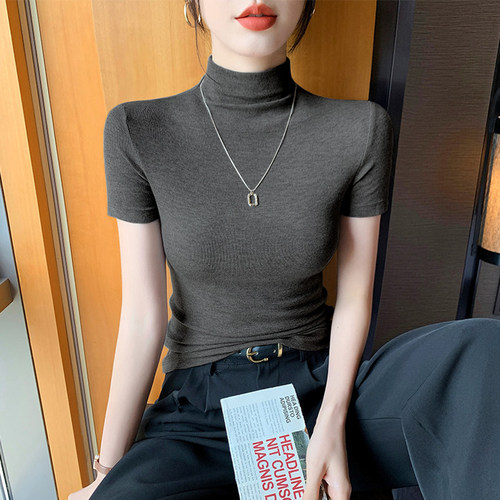 软糯高级感半高领短袖t恤女春夏装修身内搭打底中领外穿气质上衣