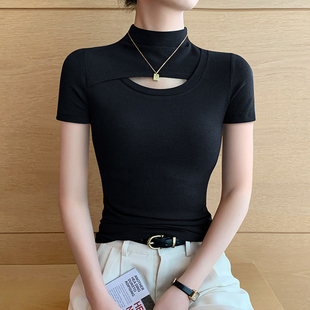 黑色半高领短袖T恤女春秋紧身高级感镂空时尚洋气上衣内搭打底衫