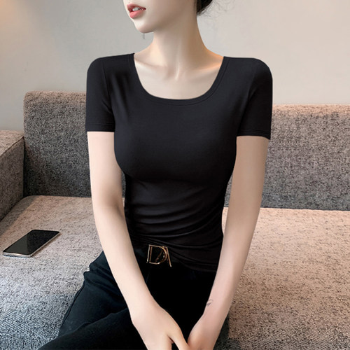 正肩修身短袖U领t恤女2026夏季新款大领小衫基础款小个子黑色上衣