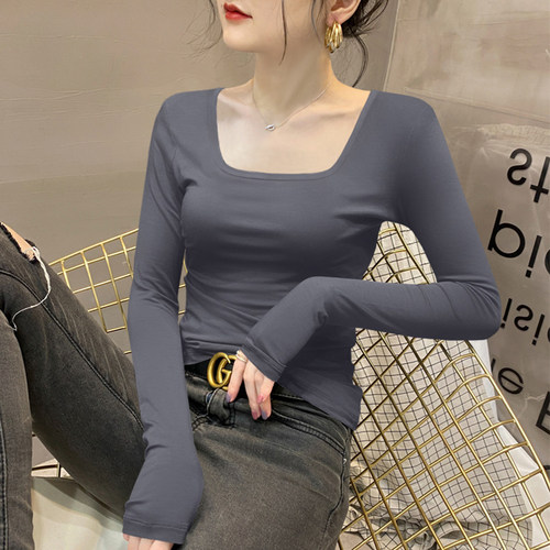 莫代尔方领打底衫女春秋内搭修身长袖t恤洋气U领外穿显瘦低领上衣