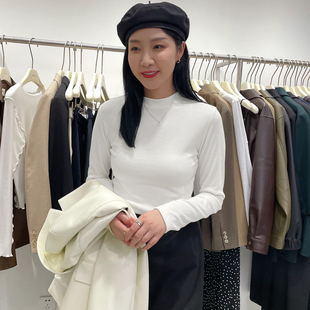 9585白色小立领打底衫女秋冬加绒内搭叠穿修身正肩高级感中领上衣