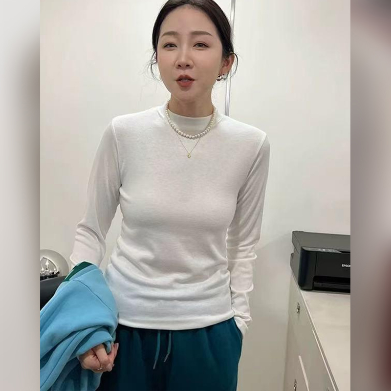 白色正肩小立领打底衫女秋冬内搭磨毛薄绒中领叠穿外穿高级感上衣