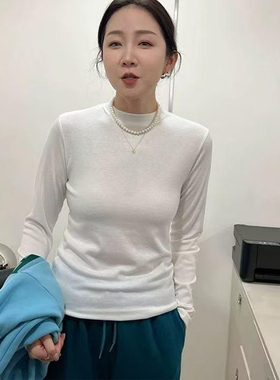 白色正肩小立领打底衫女秋冬内搭磨毛薄绒中领叠穿外穿高级感上衣