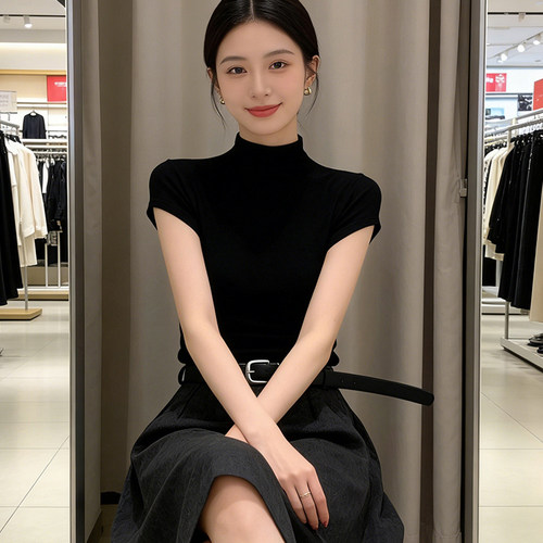 黑色半高领短袖t恤女夏季修身显瘦气质减龄短款飞袖中领针织上衣