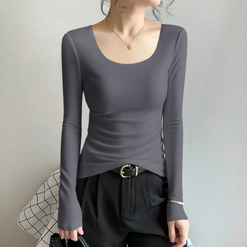 秋冬新款纯色长袖T恤大U领内搭打底衫女时尚弹力修身显瘦低领上衣