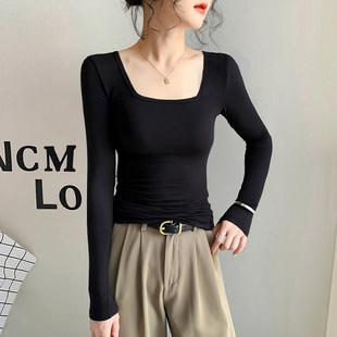 莫代尔方领打底衫女春秋内搭修身长袖T恤可外穿低领轻奢软糯上衣
