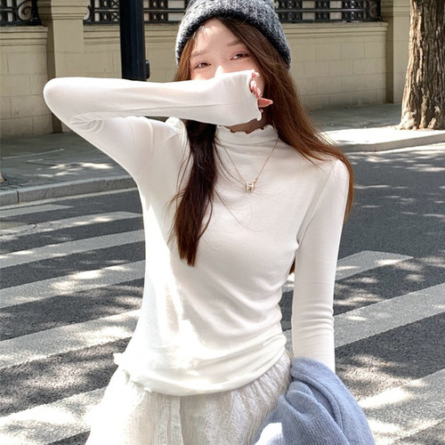 半高领打底衫女秋冬2025新款白色内搭木耳边高级感长袖莫代尔上衣