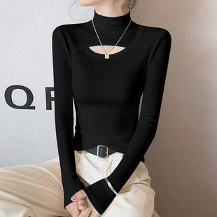 黑色镂空半高领打底衫女2025新款秋冬内搭针织长袖修身高级感上衣