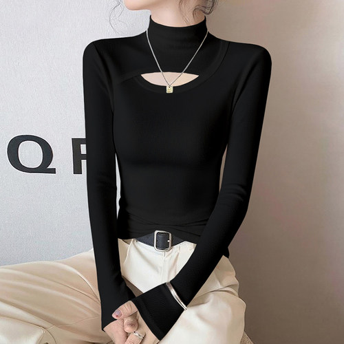黑色镂空半高领打底衫女2025新款秋冬内搭针织长袖修身高级感上衣