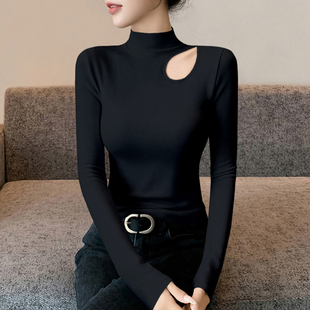 镂空黑色半高领打底衫女秋冬修身内搭可外穿针织爆款上衣2025新款